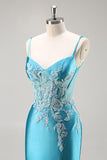 Blue Appliqued Satin Prom Dress with Slit