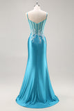 Blue Appliqued Satin Prom Dress with Slit