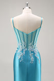 Blue Appliqued Satin Prom Dress with Slit