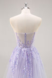 Strapless Appliqued Sequin Lilac Prom Dress with Detachable Train