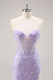 Strapless Appliqued Sequin Lilac Prom Dress with Detachable Train