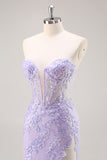 Strapless Appliqued Sequin Lilac Prom Dress with Detachable Train