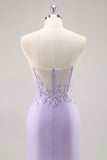 Strapless Appliqued Sequin Lilac Prom Dress with Detachable Train