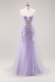 Strapless Appliqued Sequin Lilac Prom Dress with Detachable Train