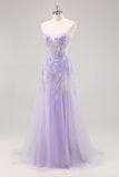 Strapless Appliqued Sequin Lilac Prom Dress with Detachable Train