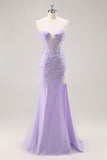 Strapless Appliqued Sequin Lilac Prom Dress with Detachable Train