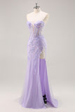 Strapless Appliqued Sequin Lilac Prom Dress with Detachable Train