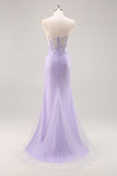 Strapless Appliqued Sequin Lilac Prom Dress with Detachable Train