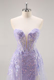 Strapless Appliqued Sequin Lilac Prom Dress with Detachable Train