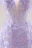 Strapless Appliqued Sequin Lilac Prom Dress with Detachable Train