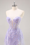 Strapless Appliqued Sequin Lilac Prom Dress with Detachable Train