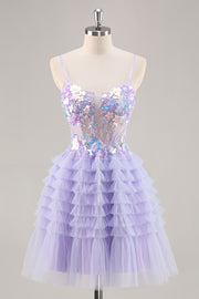 Purple Appliqued Ruffled Corset Homecoming Dress