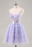 Purple Appliqued Ruffled Corset Homecoming Dress