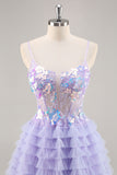 Purple Appliqued Ruffled Corset Homecoming Dress