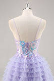 Purple Appliqued Ruffled Corset Homecoming Dress
