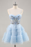 Blue Corset Ruffled Homecoming Dress with Appliques