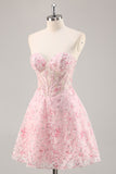 Floral Corset Strapless Pink Homecoming Dress with Appliques