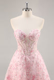Floral Corset Strapless Pink Homecoming Dress with Appliques