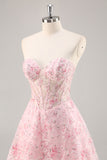 Floral Corset Strapless Pink Homecoming Dress with Appliques