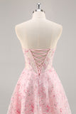 Floral Corset Strapless Pink Homecoming Dress with Appliques