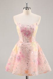 Floral Strapless Appliqued Pink Homecoming Dress with Sequins