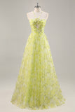Yellow Green Halter Print Floral Prom Dress With 3D Flower