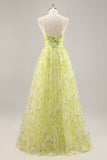 Yellow Green Halter Print Floral Prom Dress With 3D Flower