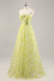 Yellow Green Halter Print Floral Prom Dress With 3D Flower
