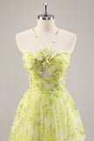 Yellow Green Halter Print Floral Prom Dress With 3D Flower