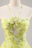 Yellow Green Halter Print Floral Prom Dress With 3D Flower