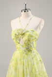 Yellow Green Halter Print Floral Prom Dress With 3D Flower