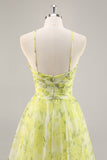 Yellow Green Halter Print Floral Prom Dress With 3D Flower