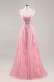 Pink Corset A Line Prom Dress with Appliques