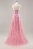 Pink Corset A Line Prom Dress with Appliques