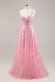 Pink Corset A Line Prom Dress with Appliques