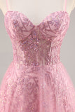 Pink Corset A Line Prom Dress with Appliques
