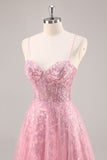 Pink Corset A Line Prom Dress with Appliques