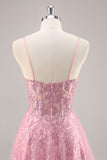 Pink Corset A Line Prom Dress with Appliques
