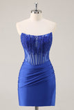 Royal Blue Bodycon Strapless Corset Homecoming Dress with Appliques