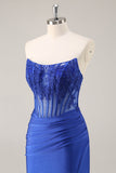 Royal Blue Bodycon Strapless Corset Homecoming Dress with Appliques
