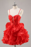 Red A Line Corset Ruffled Short Homecoming Dress With Bows