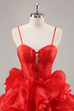 Red A Line Corset Ruffled Short Homecoming Dress With Bows