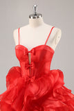 Red A Line Corset Ruffled Short Homecoming Dress With Bows