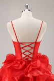 Red A Line Corset Ruffled Short Homecoming Dress With Bows