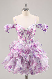 Purple Cold Shoulder A Line Printed Corset Homecoming Dress With Ruffles