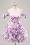 Off The Shoulder Printed Ruffle Corset A-Line Purple Homecoming Dress