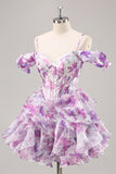 Purple Cold Shoulder A Line Printed Corset Homecoming Dress With Ruffles