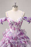 Purple Cold Shoulder A Line Printed Corset Homecoming Dress With Ruffles