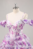 Purple Cold Shoulder A Line Printed Corset Homecoming Dress With Ruffles