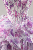 Purple Cold Shoulder A Line Printed Corset Homecoming Dress With Ruffles